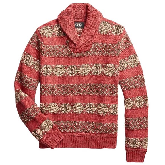 RRL Ralph Lauren Red Intarsia Knit Linen 1930's Blanket Shawl Collar Sweater M - Picture 1 of 10